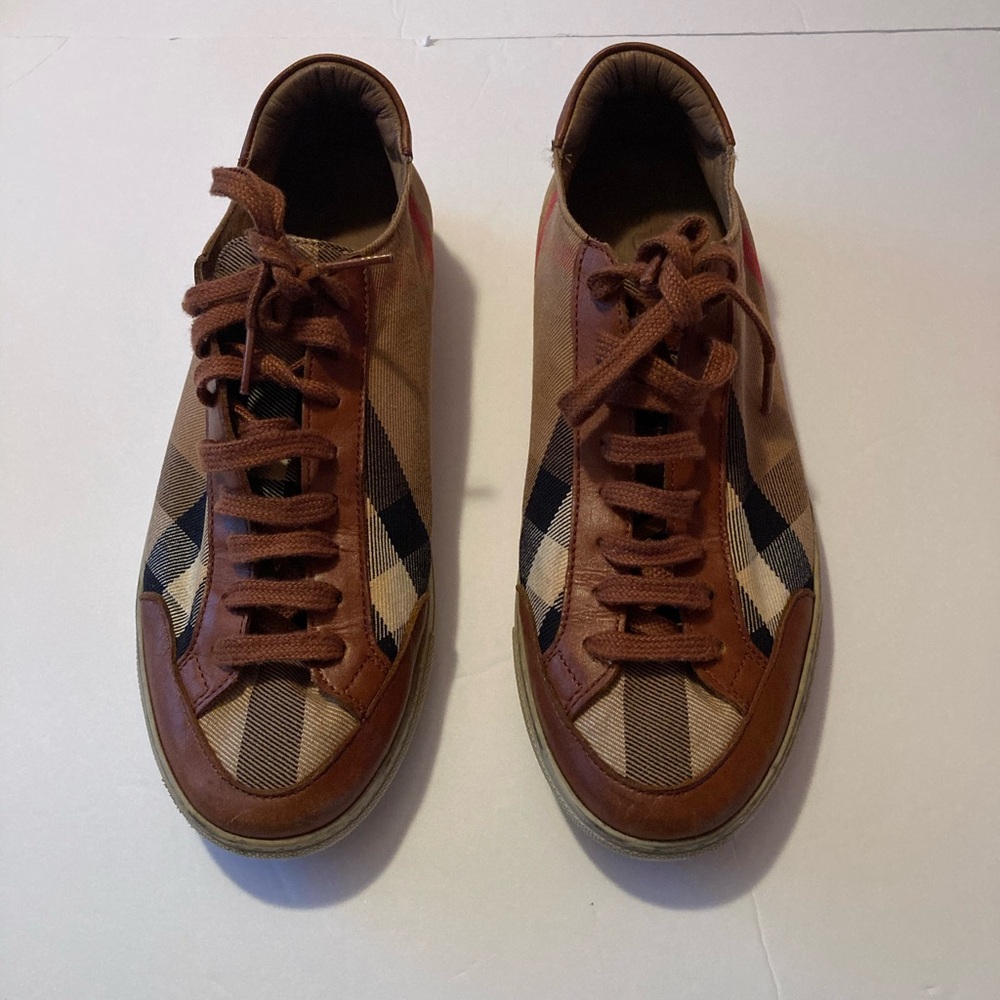 Burberry Brown Tan Check Canvas & Leather Sneakers - Picture 4 of 9
